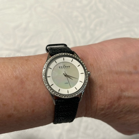 Skagen Accessories - Woman’s Sagan Watch with Austrian Crystals and Black Leather Band